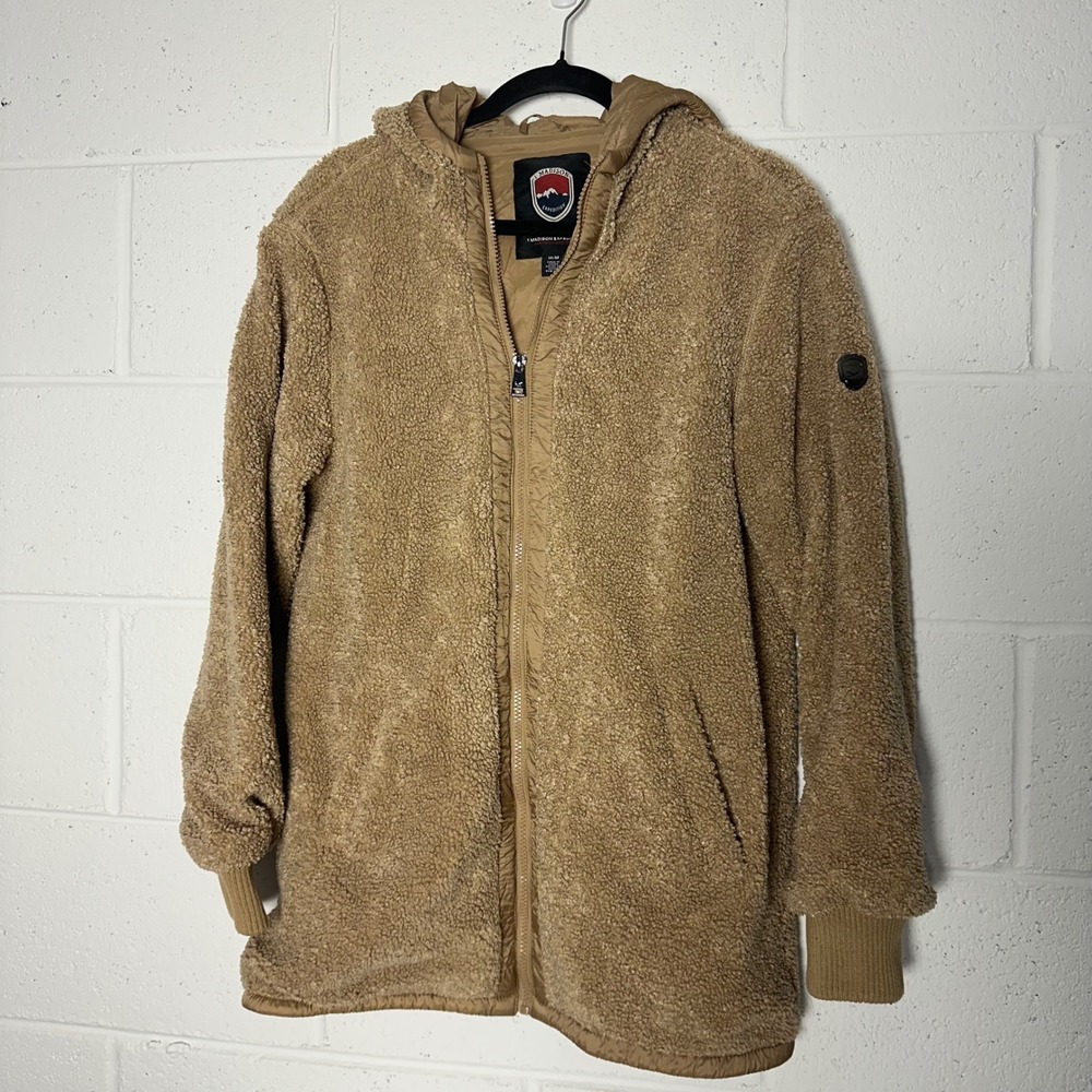 1 Madison Expedition Tan Sherpa Fleece Full Zip Hooded Jacket Mens Medium